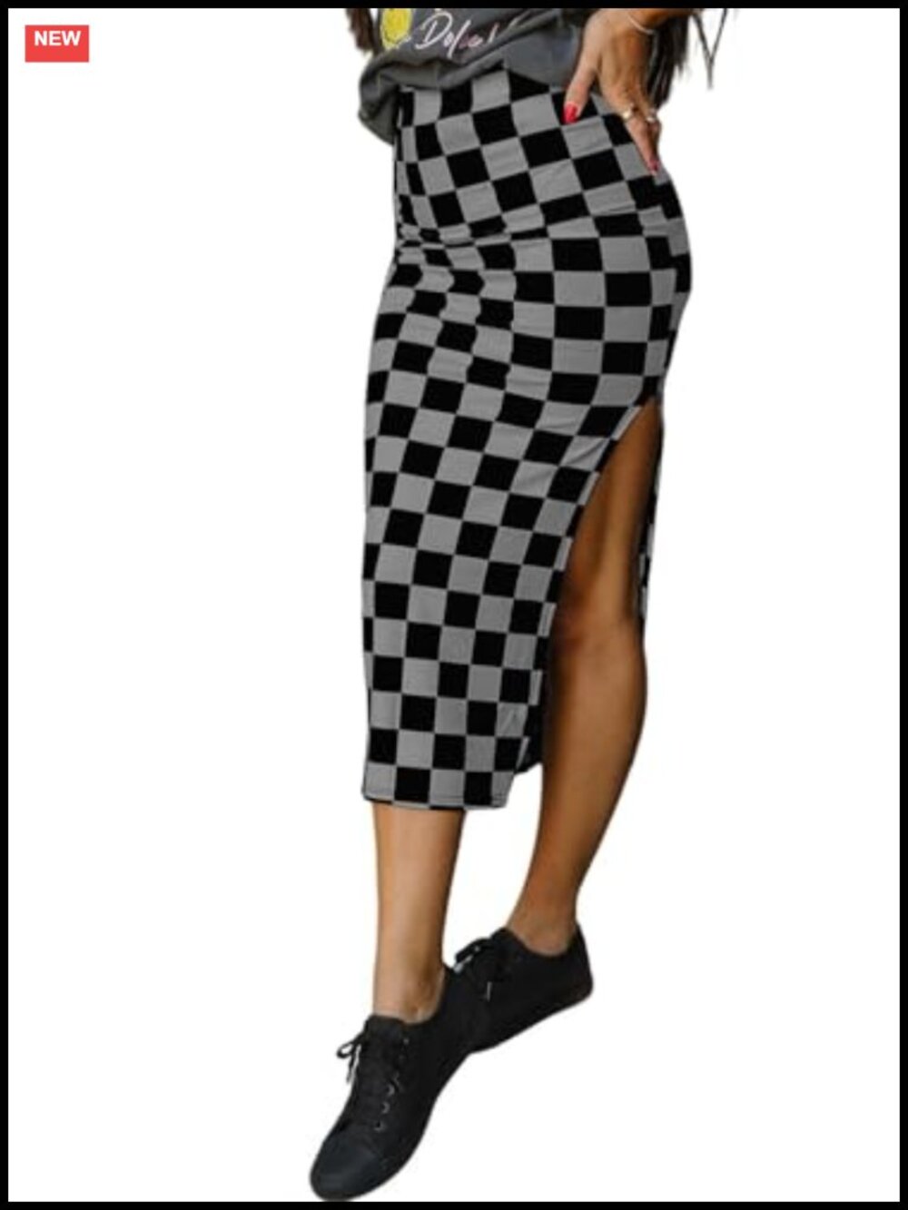 Womens Checkered Slit Midi Skirt High Waist Bodycon Pull On